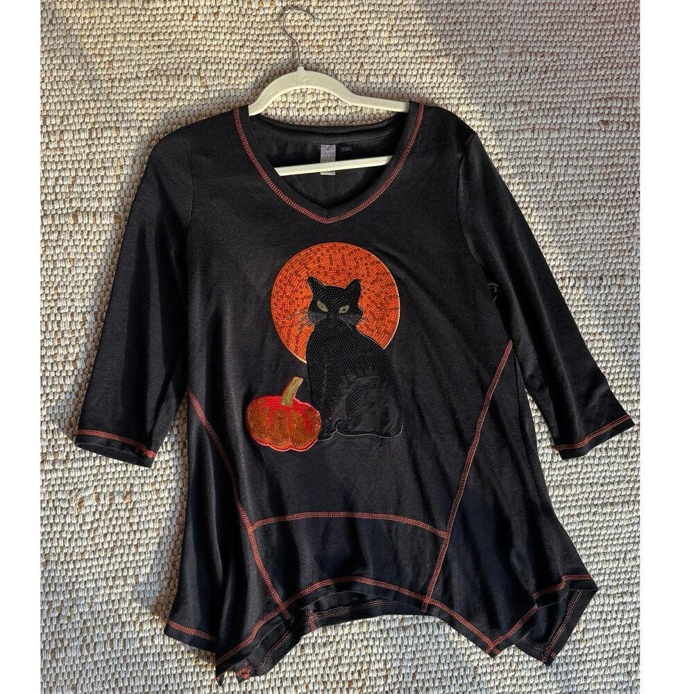 Halloween Top Sequin Black Cat Pumpkin Kerchief Hem L Spooky Season Festive